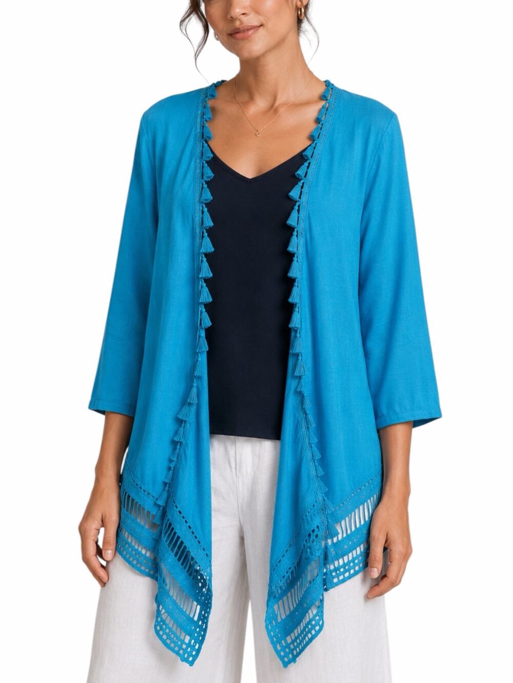 Chico's Linen Blend Tassel Trim Open Front Cardigan Lace Hem Size XLP